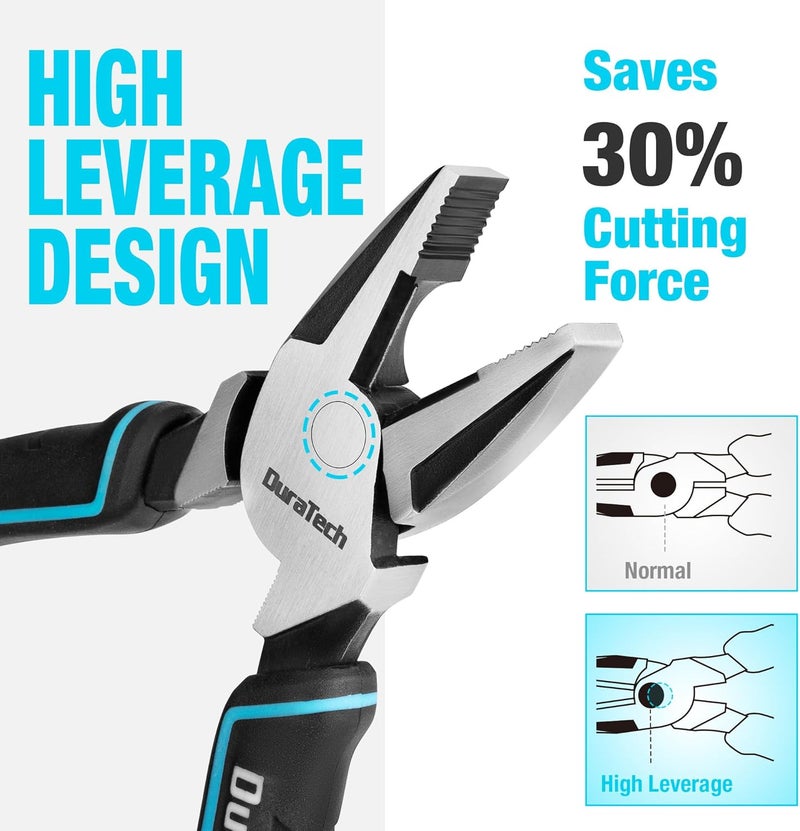 DURATECH 8" High Leverage Linemans Pliers, Cr-Ni Side Cutters, Linesman Pliers for Wire Cutting, Crimping - Image 3
